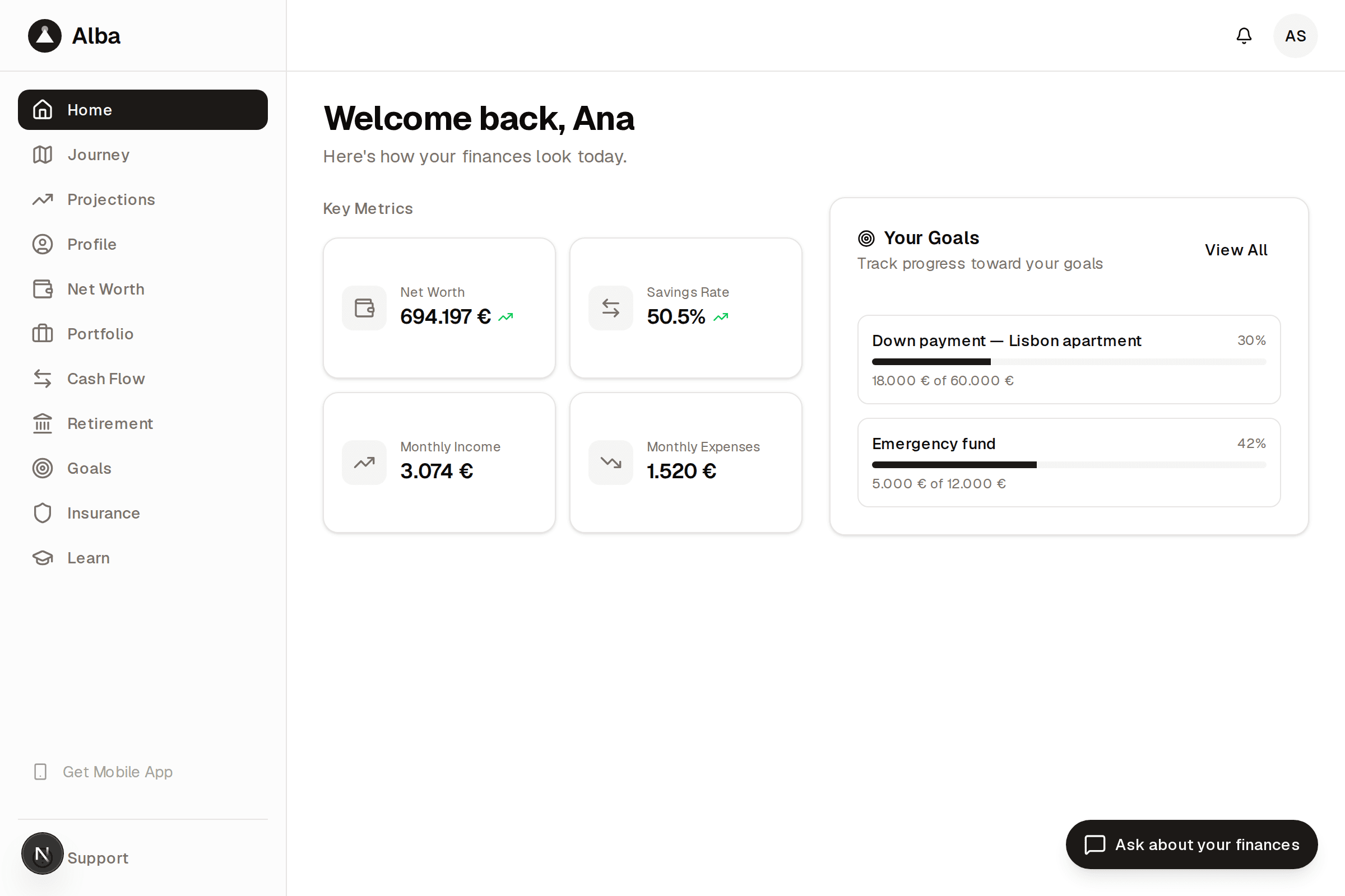 Alba's net-worth dashboard showing accounts, investments and pensions in one view